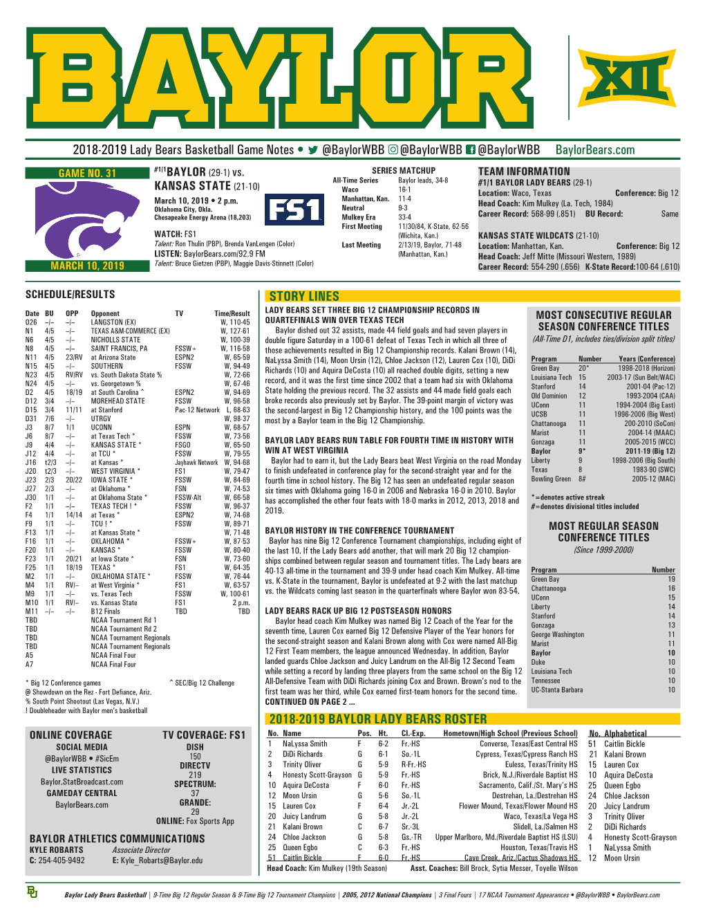 2018-2019 Lady Bears Basketball Game Notes • @Baylorwbb @Baylorwbb @Baylorwbb Baylorbears.Com GAME NO