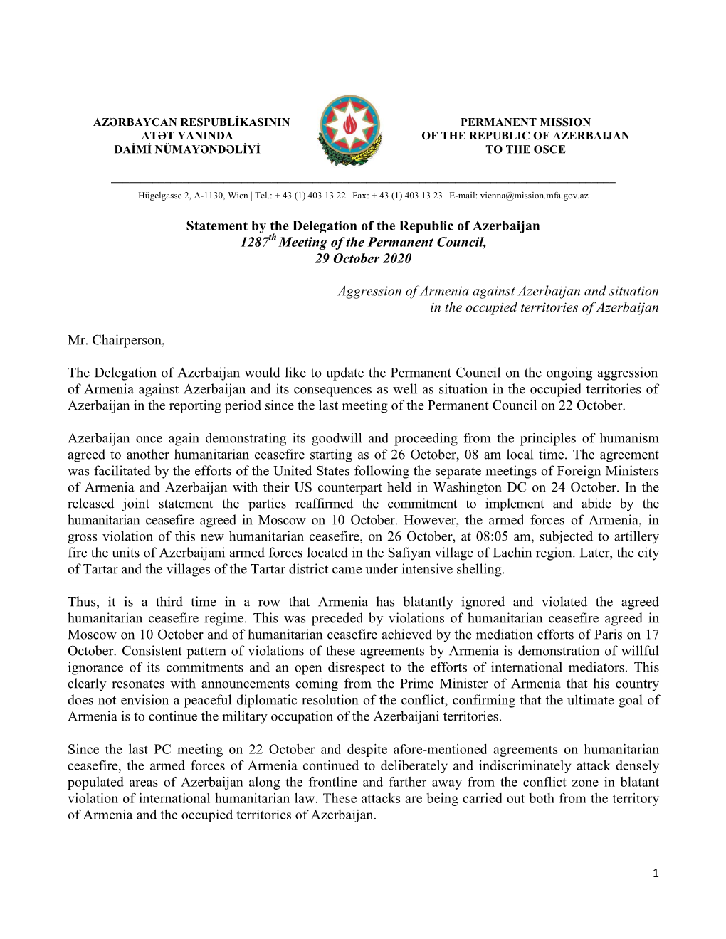 Statement by the Delegation of the Republic of Azerbaijan 1287 29 October 2020 Meeting of the Permanent Council, Aggression of A