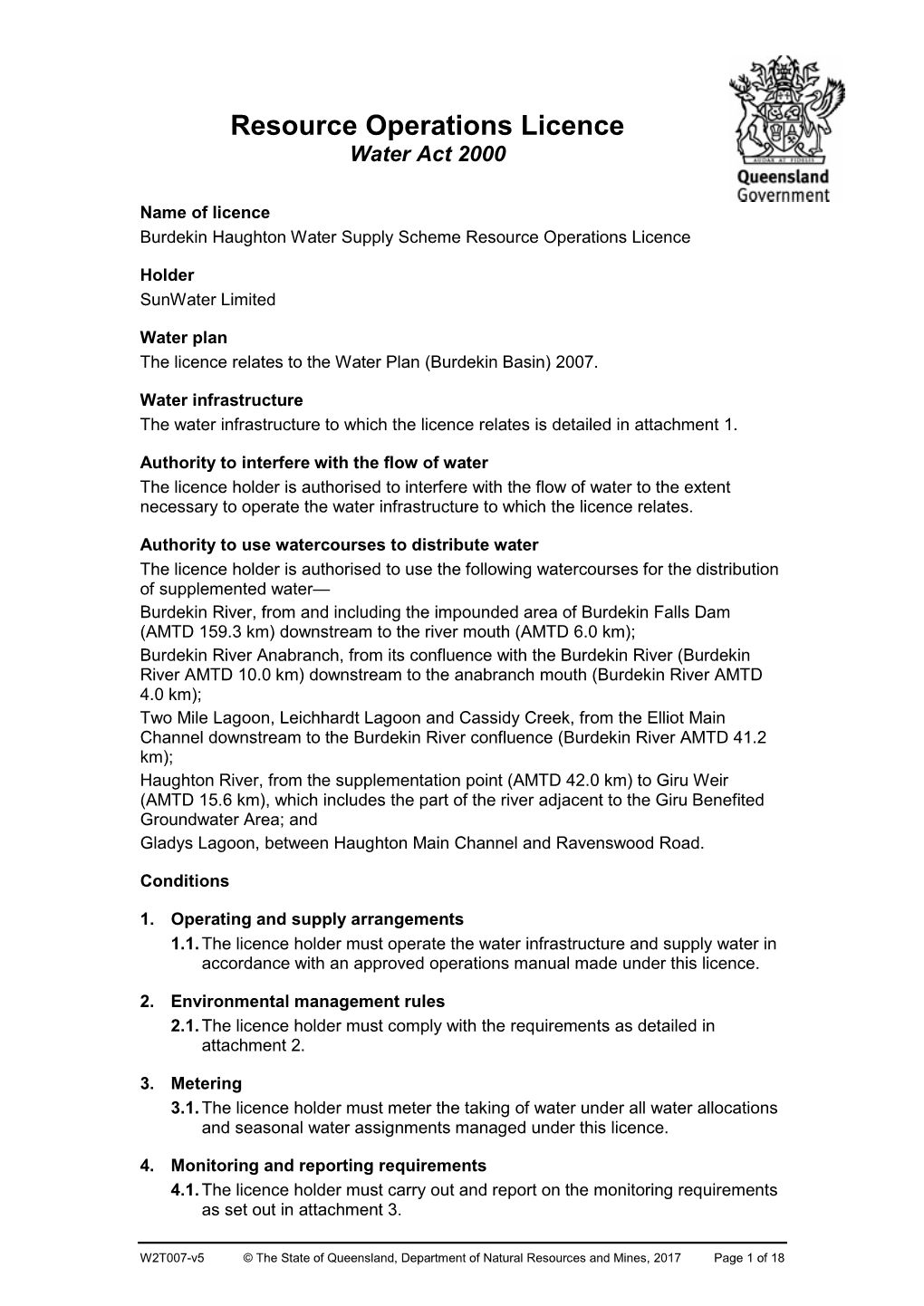 Burdekin Haughton Water Supply Scheme Resource Operations Licence