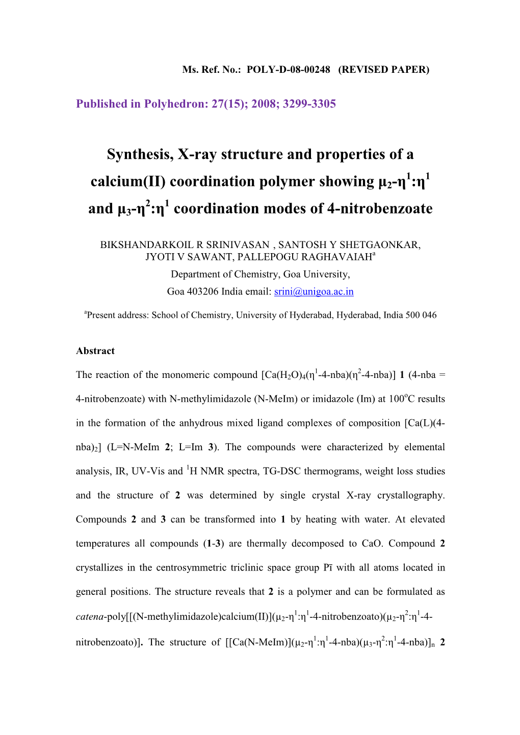 Synthesis, X-Ray Structure and Properties of a Calcium(II) Coordination Polymer Showing Μ2-Η :Η and Μ3-Η :Η Coordination M