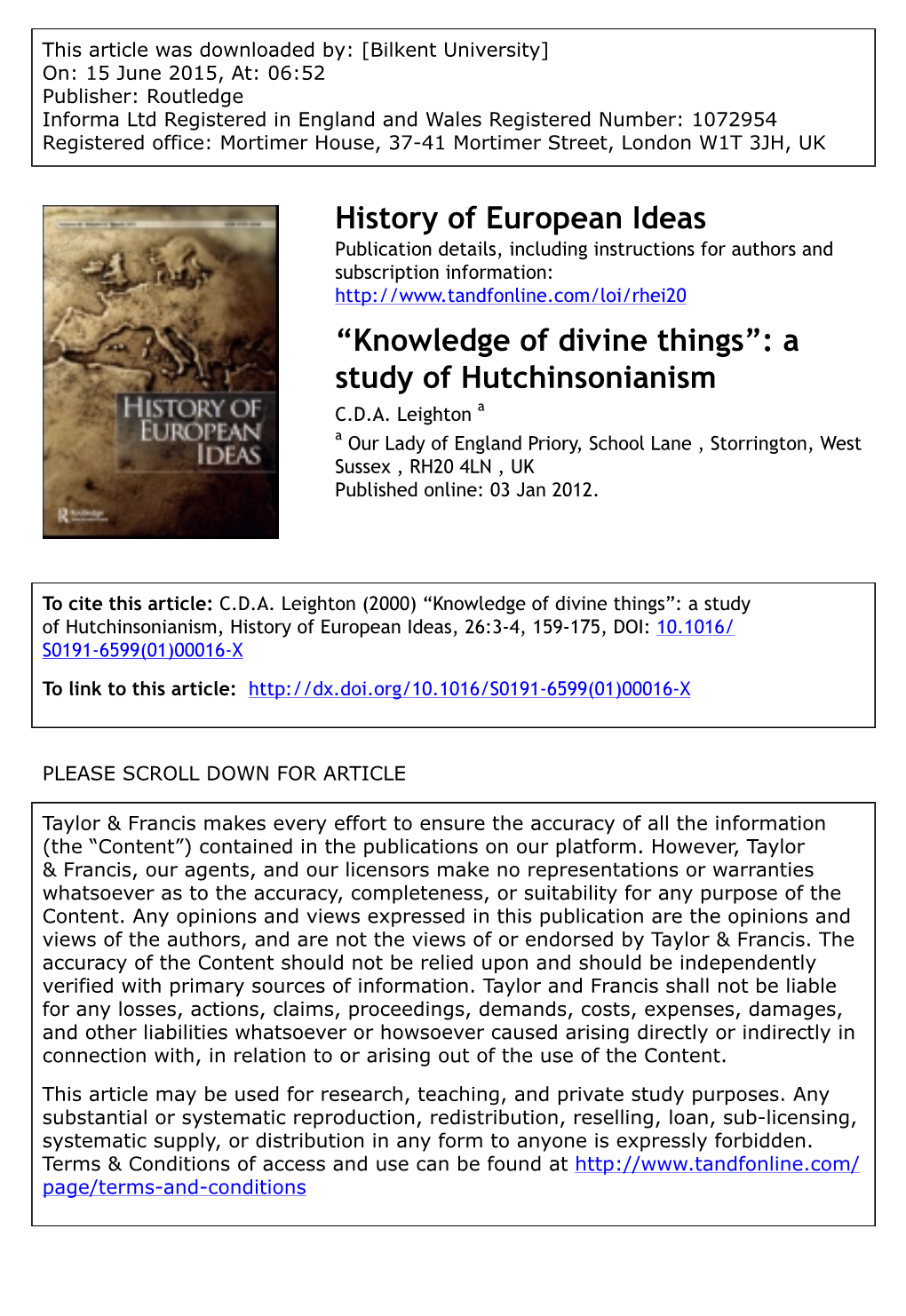 History of European Ideas “Knowledge of Divine Things”: a Study Of