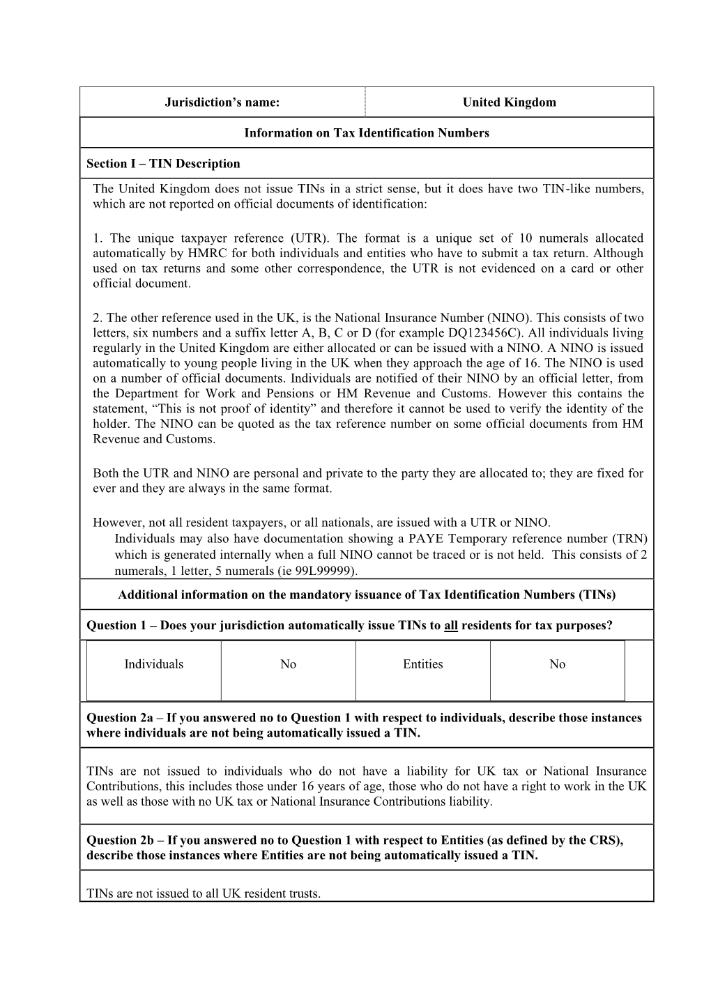 United Kingdom Information on Tax Identification Numbers