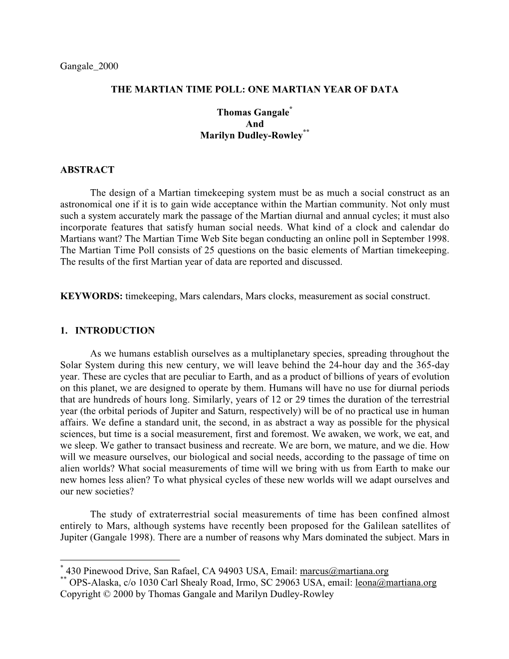 Gangale 2000 the MARTIAN TIME POLL: ONE MARTIAN YEAR OF