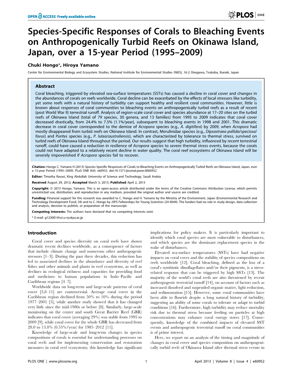 Species-Specific Responses of Corals to Bleaching Events on Anthropogenically Turbid Reefs on Okinawa Island, Japan, Over a 15-Year Period (1995–2009)