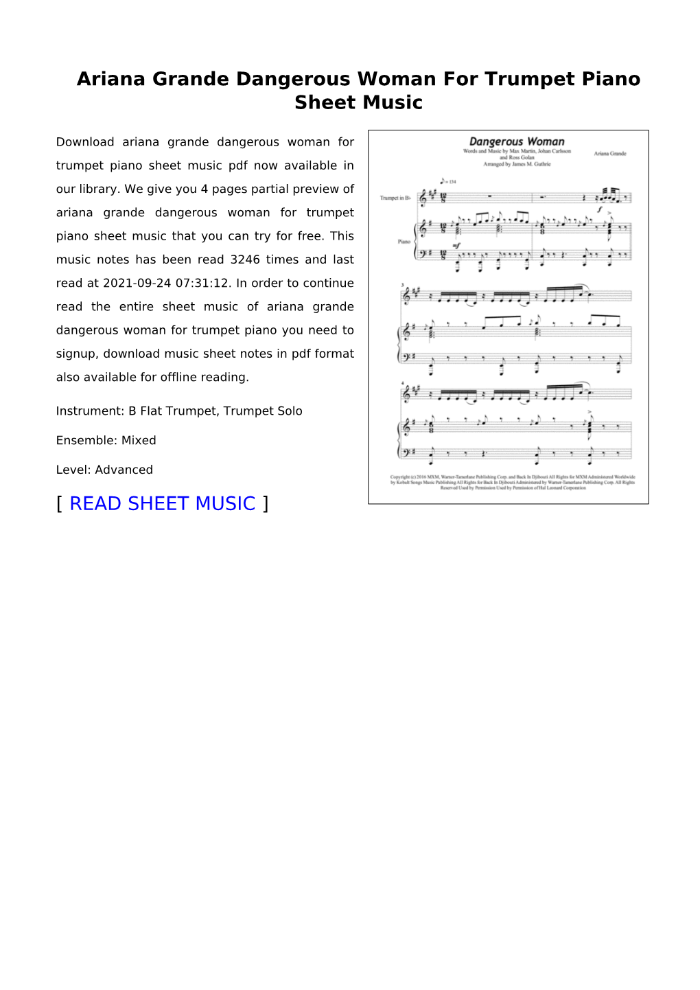 Ariana Grande Dangerous Woman for Trumpet Piano Sheet Music