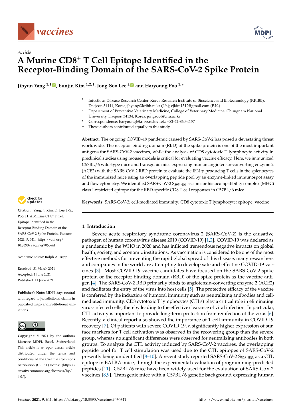 A Murine CD8+ T Cell Epitope Identified in the Receptor-Binding