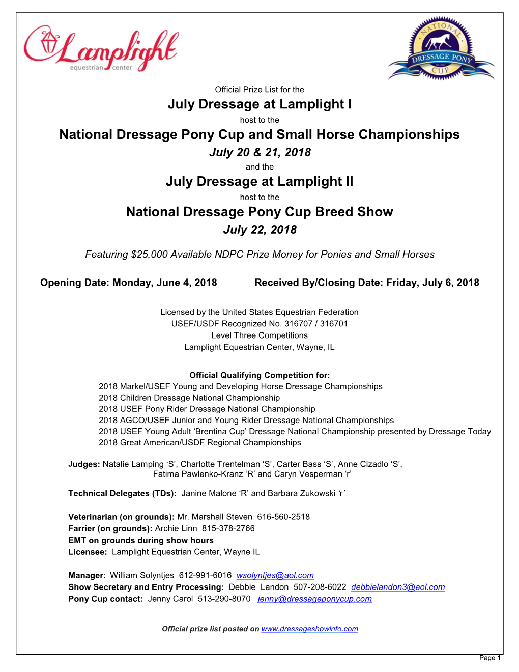 2018 July Dressage at Lamplight Prize List