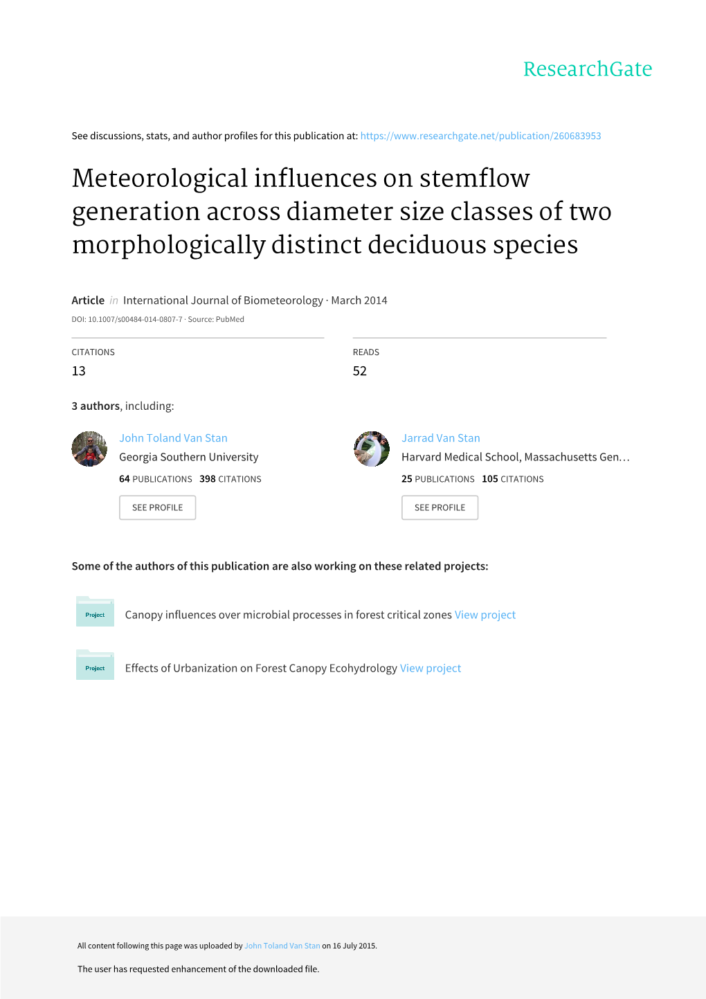 Meteorological Influences on Stemflow Generation Across Diameter Size Classes of Two Morphologically Distinct Deciduous Species