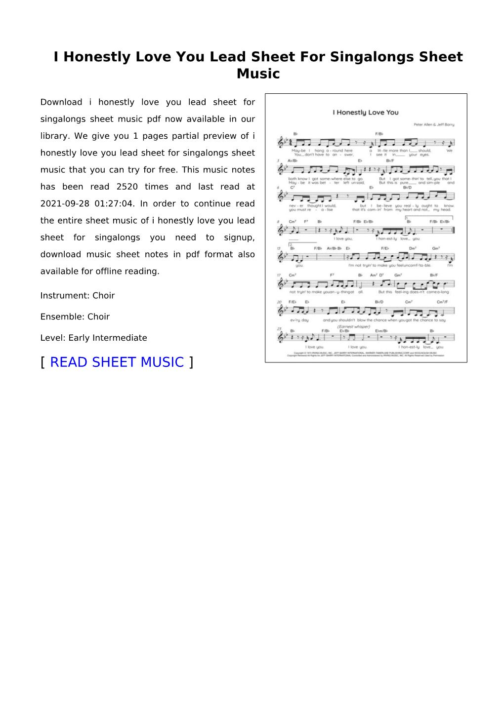 I Honestly Love You Lead Sheet for Singalongs Sheet Music