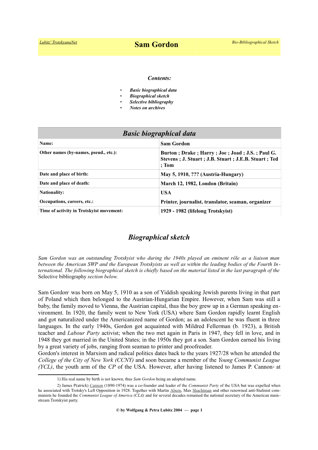 Sam Gordon Bio-Bibliographical Sketch