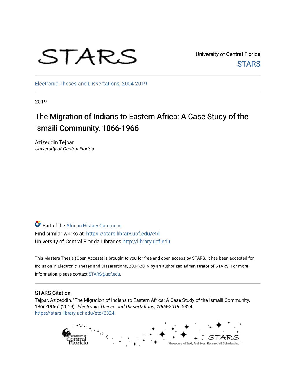 The Migration of Indians to Eastern Africa: a Case Study of the Ismaili Community, 1866-1966