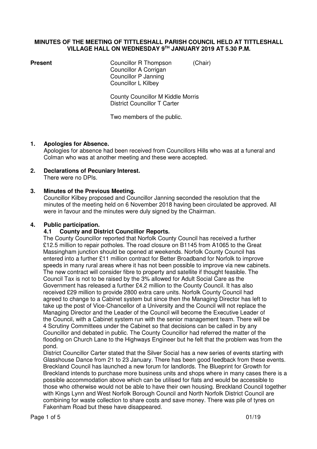 Page 1 of 5 01/19 MINUTES of the MEETING of TITTLESHALL PARISH COUNCIL HELD at TITTLESHALL VILLAGE HALL on WEDNESDAY 9TH JANUAR