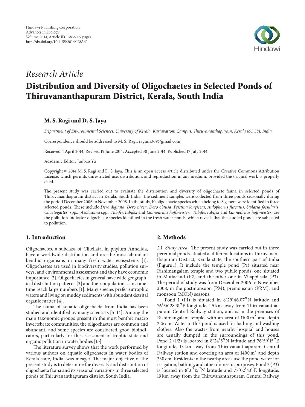 Distribution and Diversity of Oligochaetes in Selected Ponds of Thiruvananthapuram District, Kerala, South India