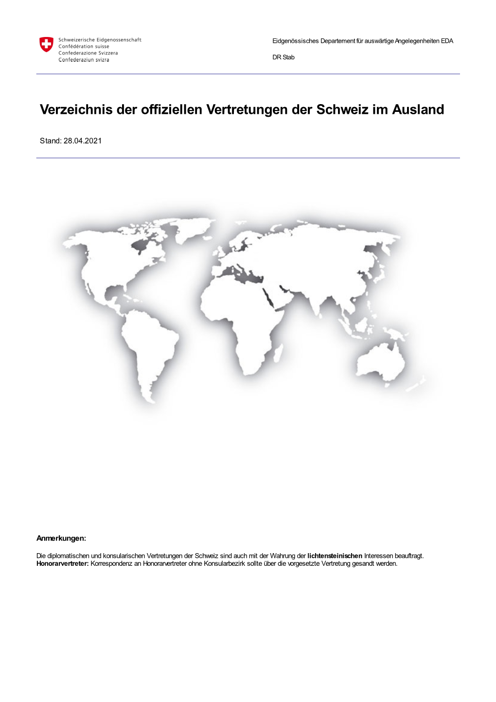 Verzeichnis Der Offiziellen Vertretungen Der Schweiz Im Ausland