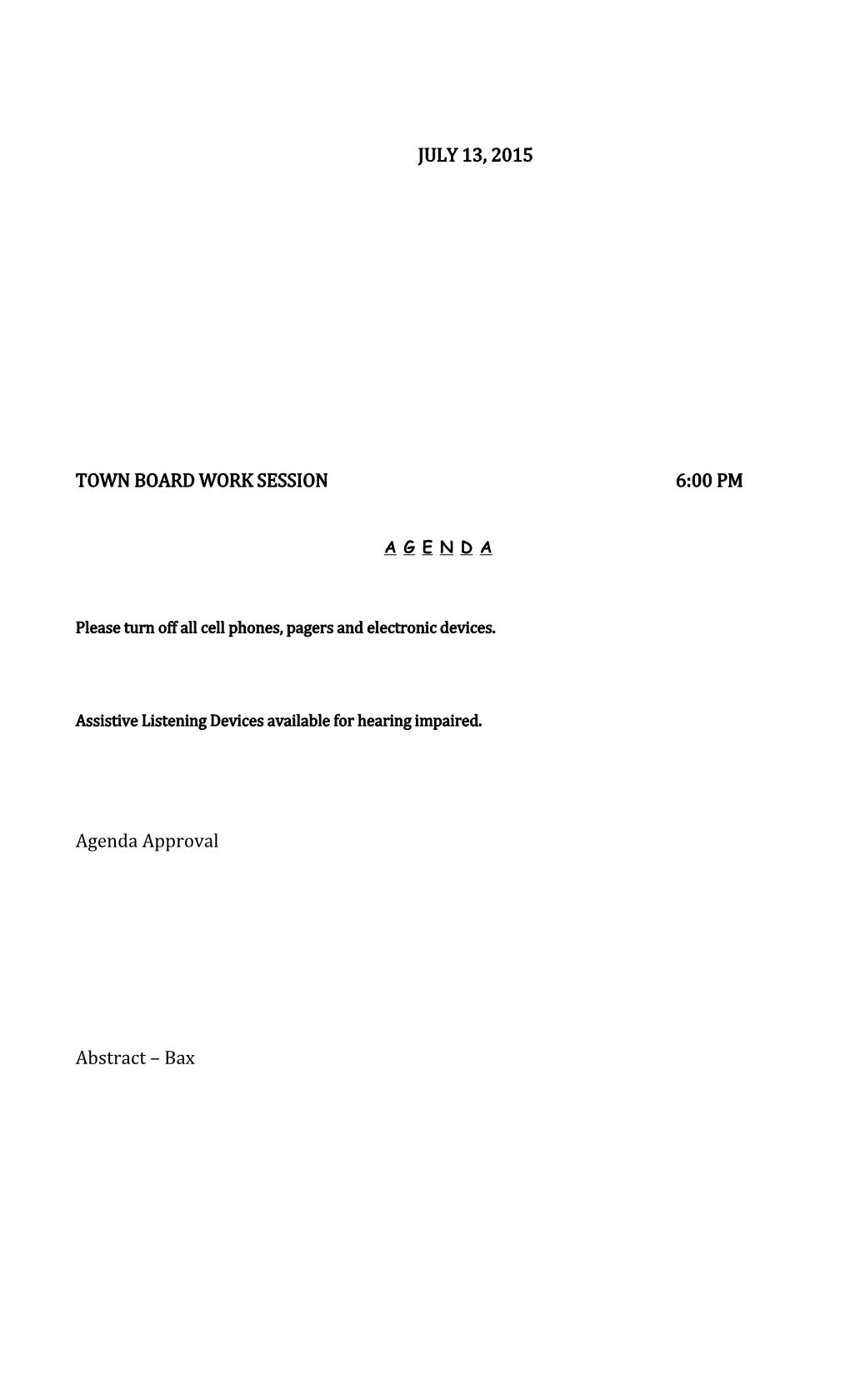 Town Board Work Session 6:00 Pm