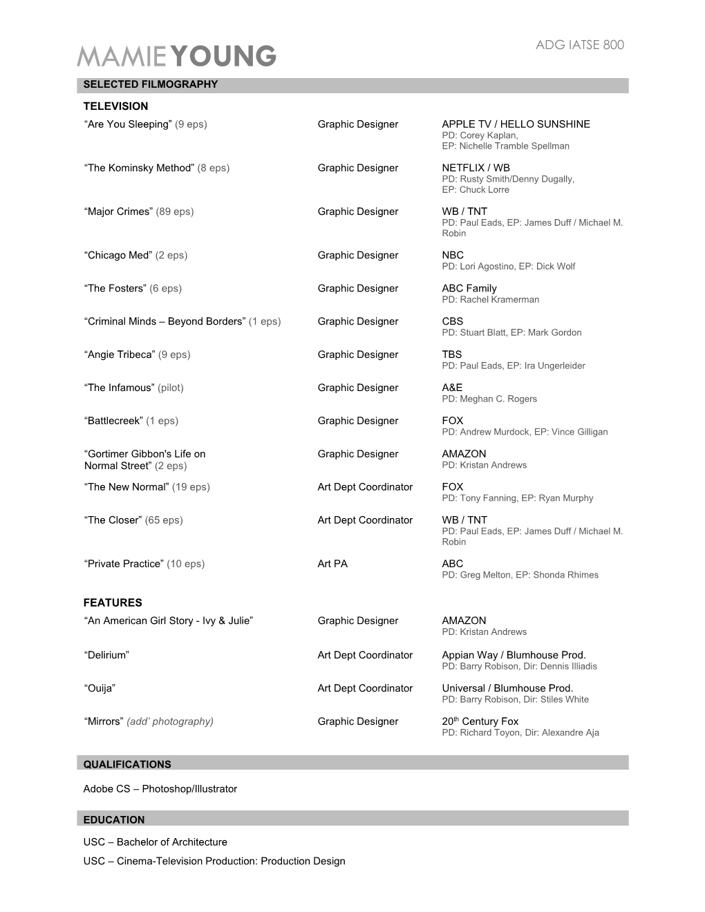 Mamieyoung Adg Iatse 800 Selected Filmography