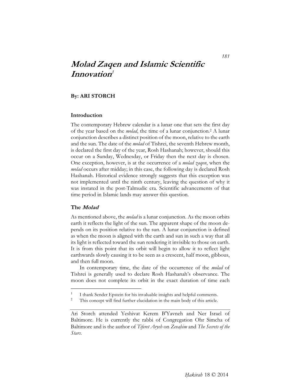 Molad Zaqen and Islamic Scientific Innovation1