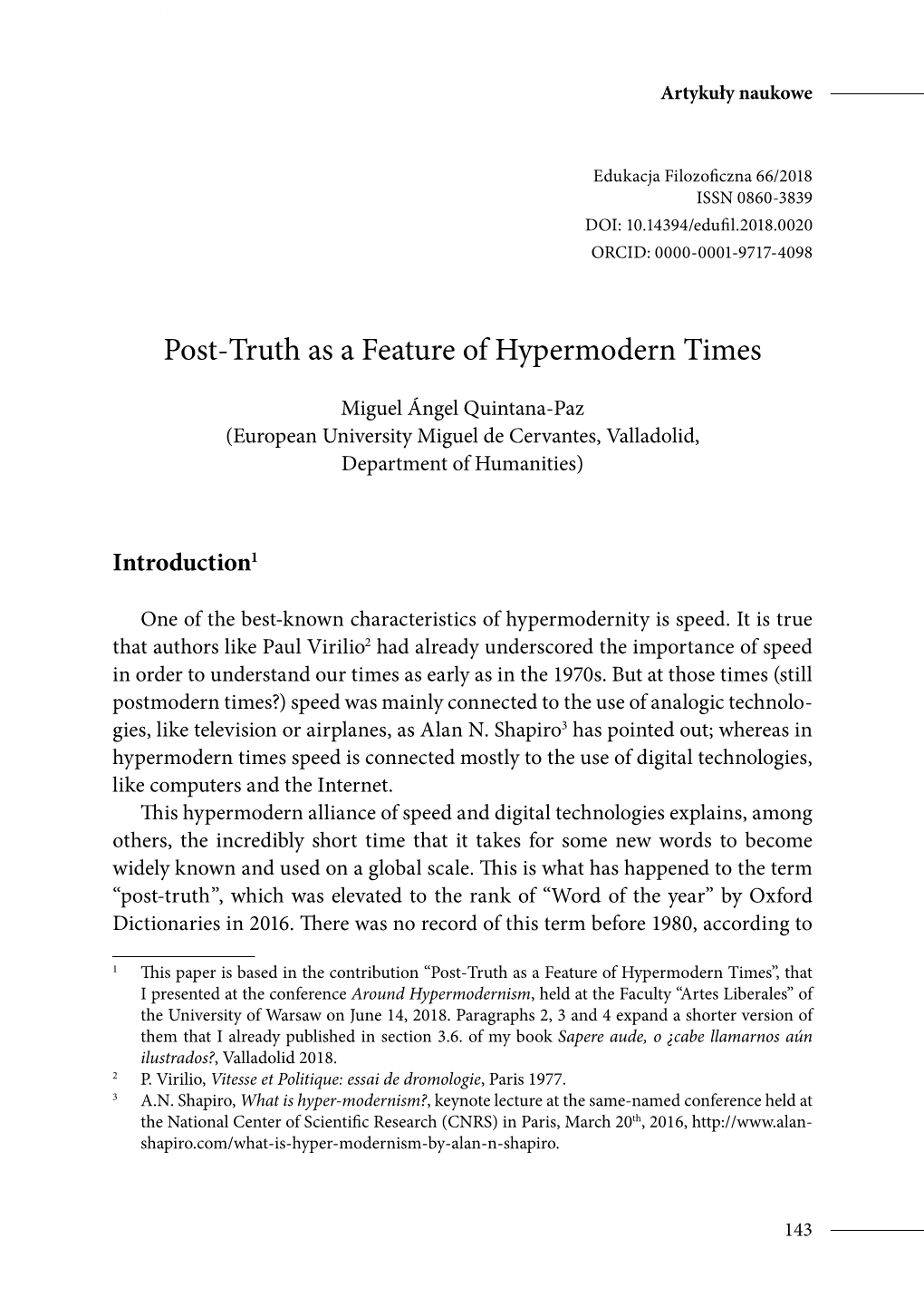 Post-Truth As a Feature of Hypermodern Times