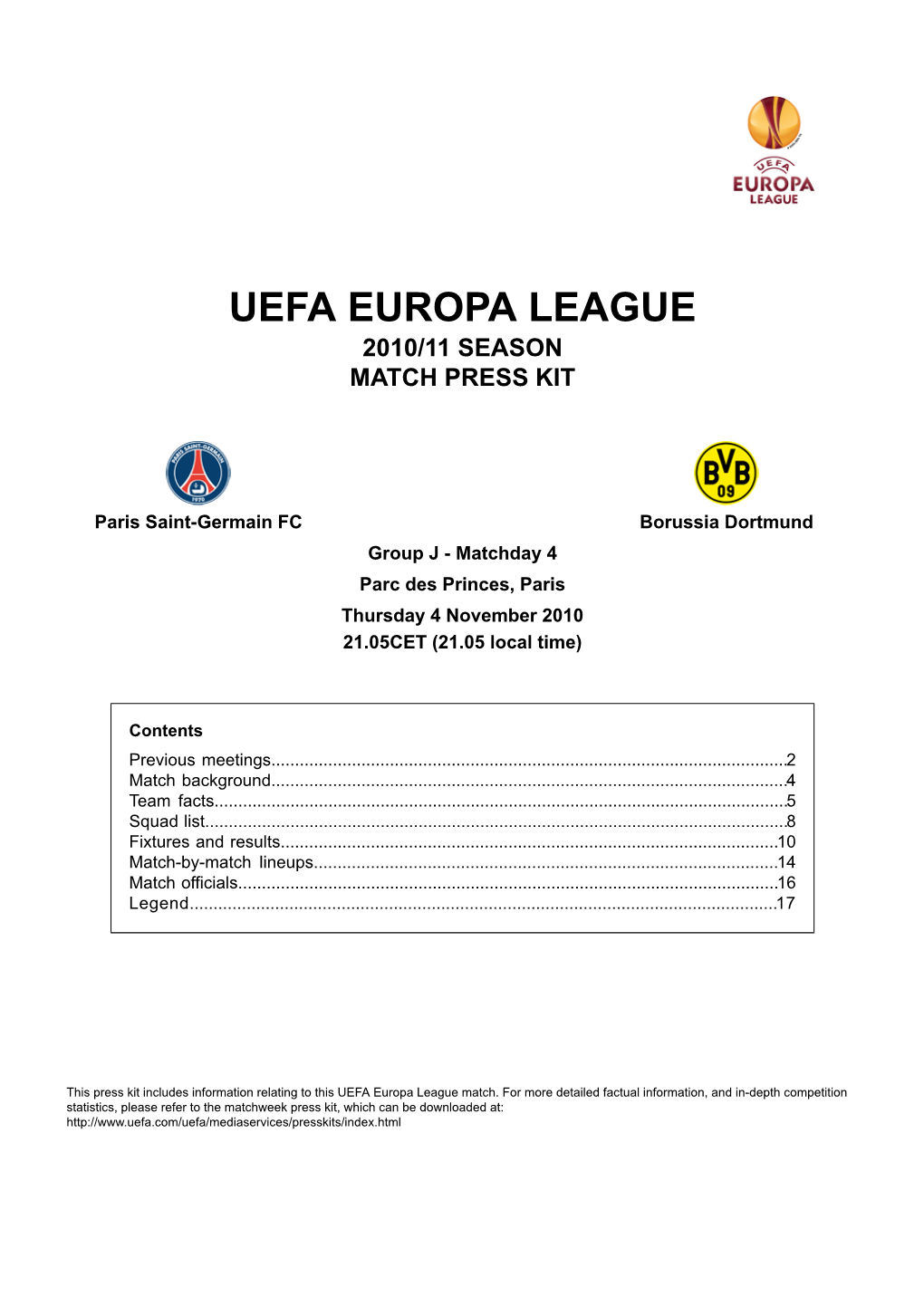 Uefa Europa League 2010/11 Season Match Press Kit