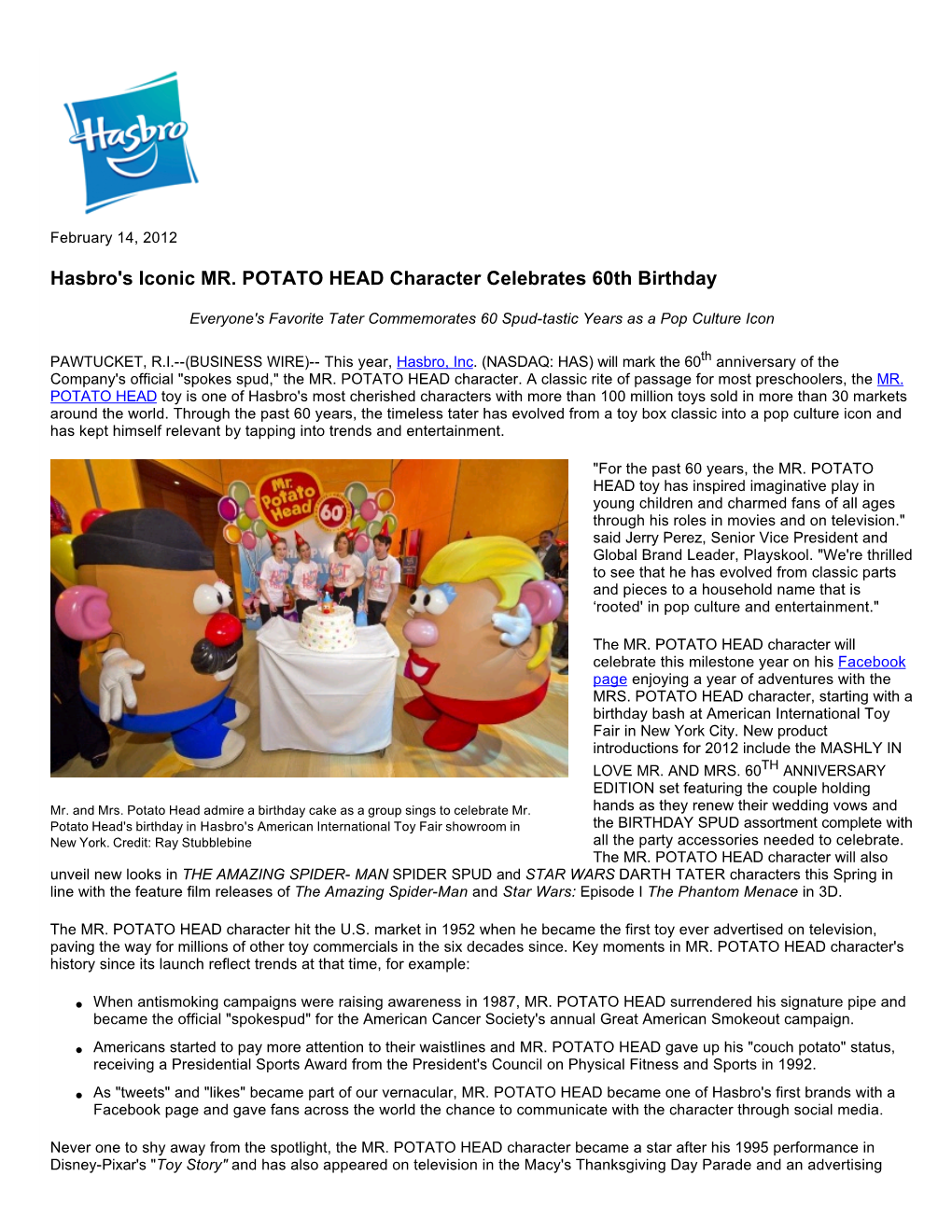 Hasbro's Iconic MR. POTATO HEAD Character Celebrates 60Th Birthday