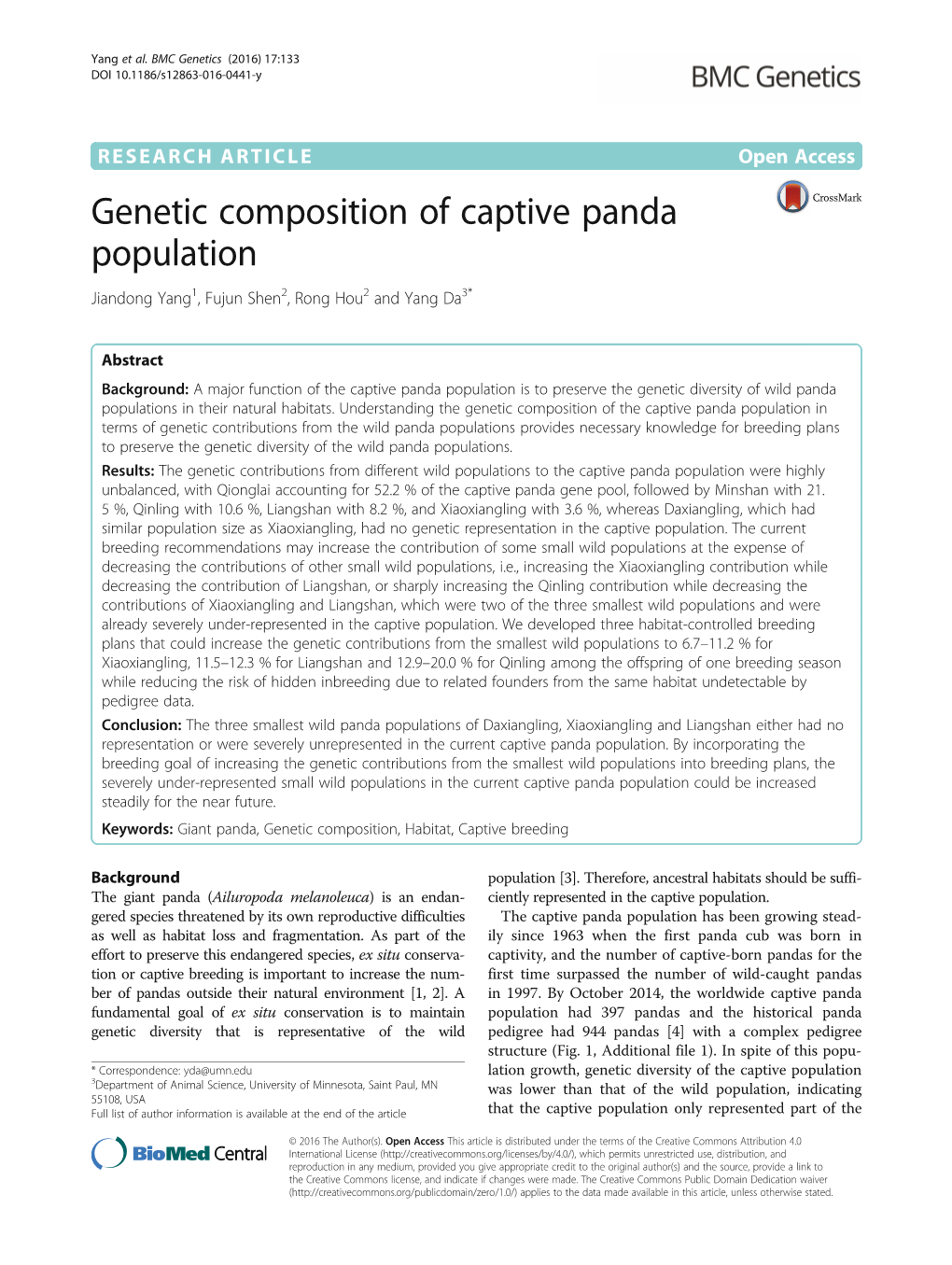 Genetic Composition of Captive Panda Population Jiandong Yang1, Fujun Shen2, Rong Hou2 and Yang Da3*