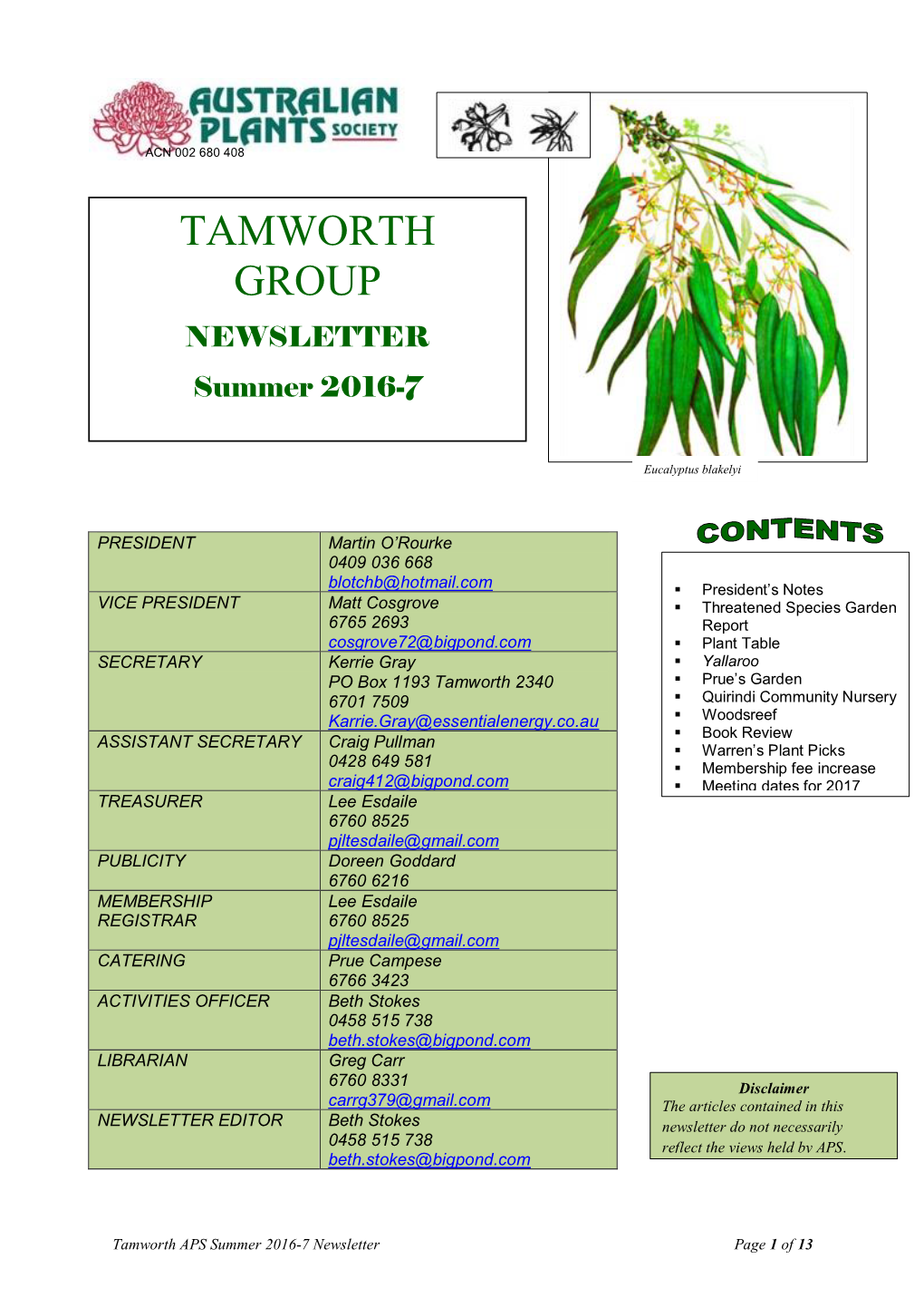TAMWORTH GROUP NEWSLETTER Summer 2016-7