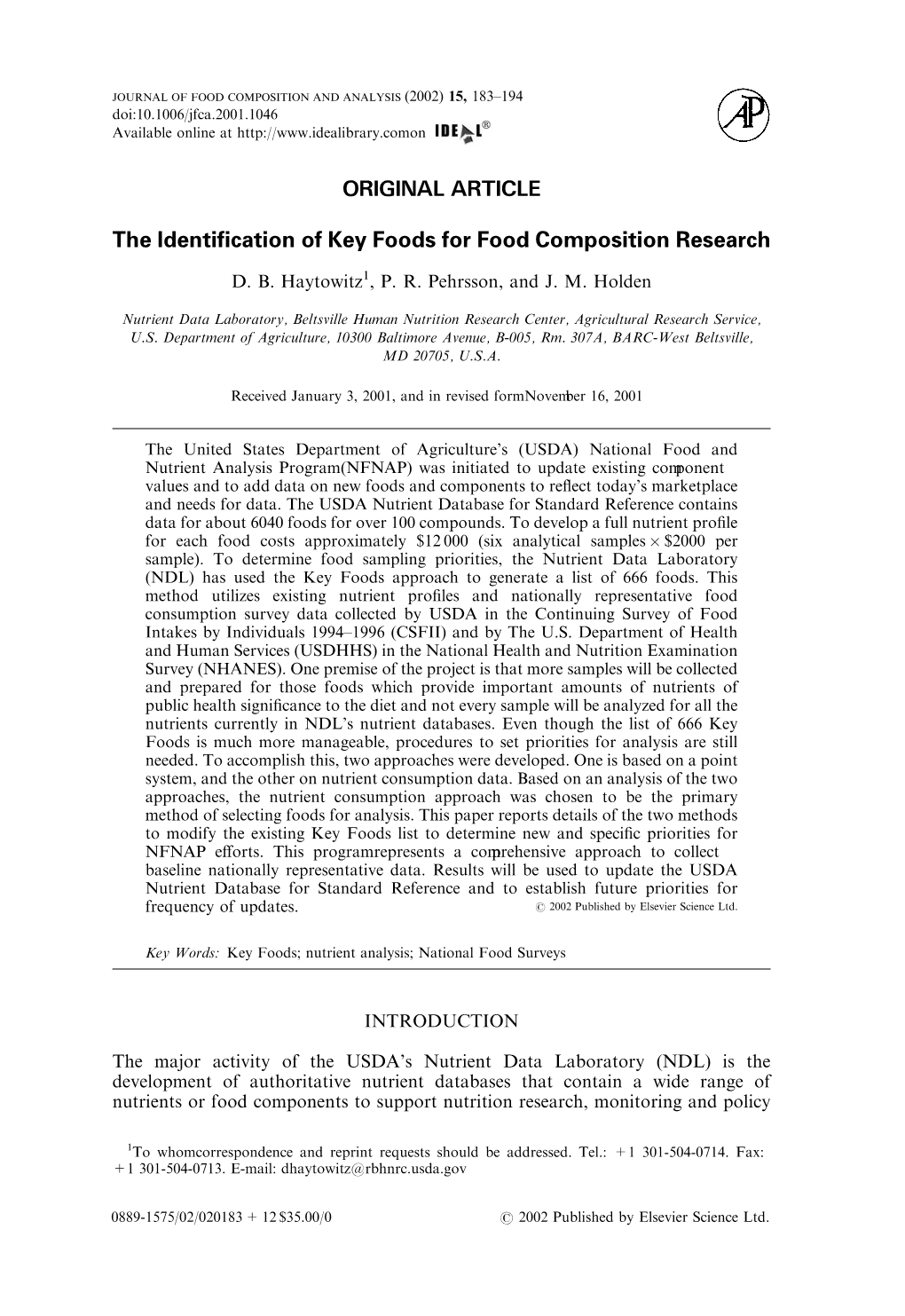 The Identification of Key Foods for Food Composition Research