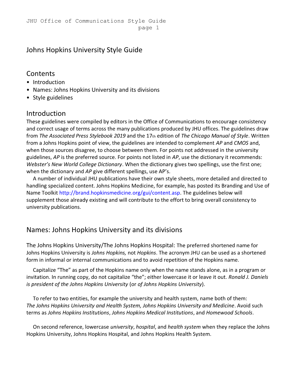 Johns Hopkins University Style Guide Contents Introduction Names