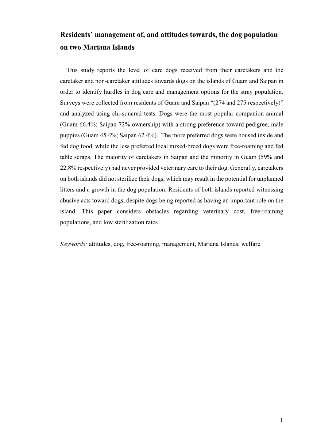 Residents' Management Of, and Attitudes Towards, the Dog Population on Two Mariana Islands