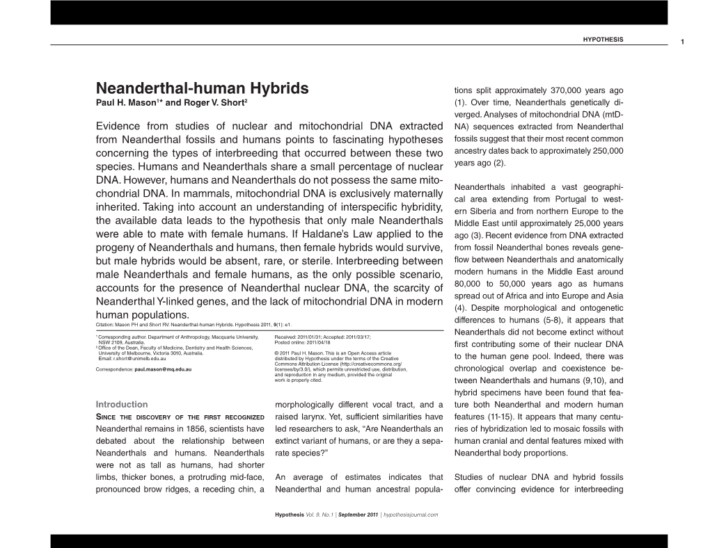 Neanderthal-Human Hybrids Tions Split Approximately 370,000 Years Ago Paul H