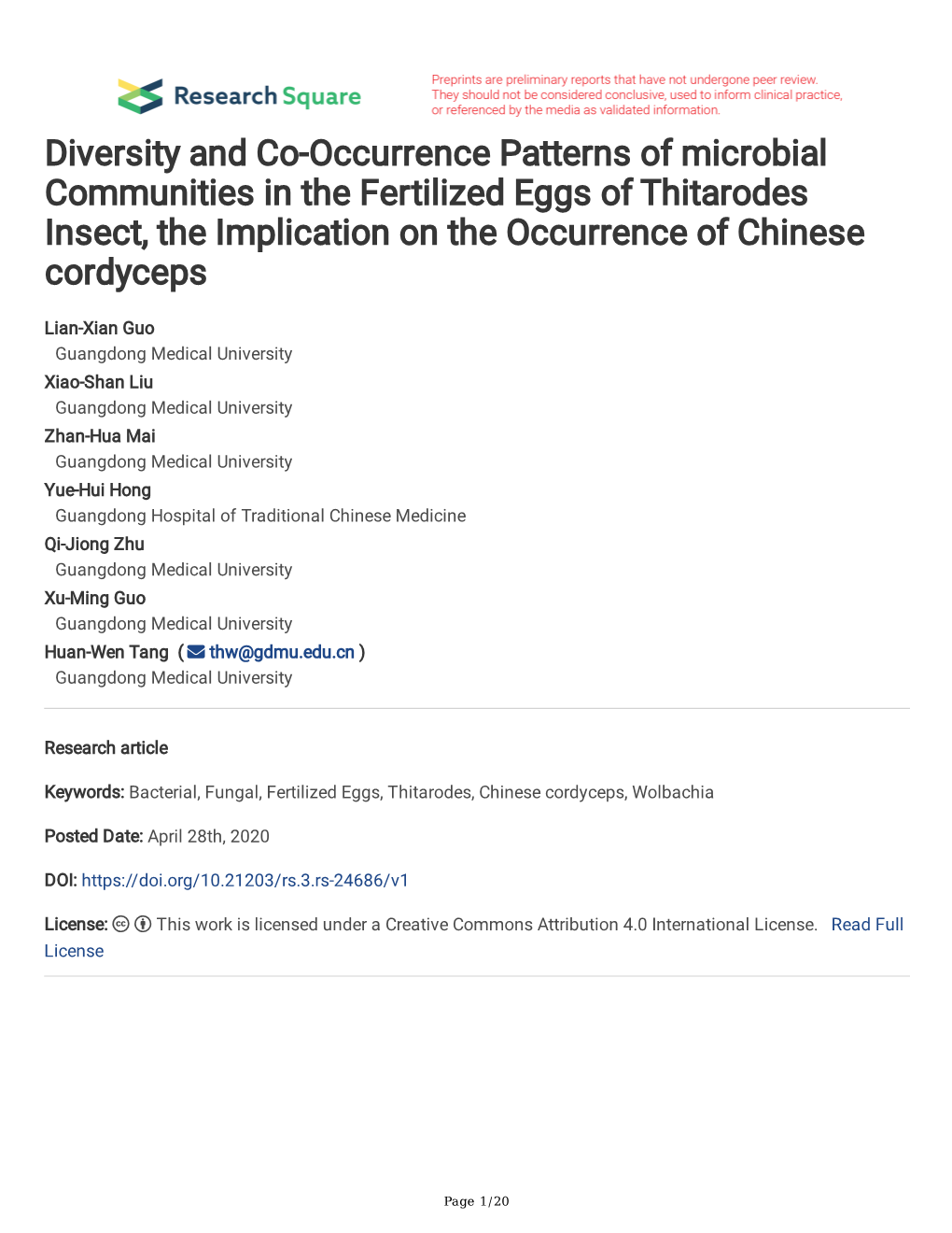 Diversity and Co-Occurrence Patterns of Microbial Communities in the Fertilized Eggs of Thitarodes Insect, the Implication on the Occurrence of Chinese Cordyceps