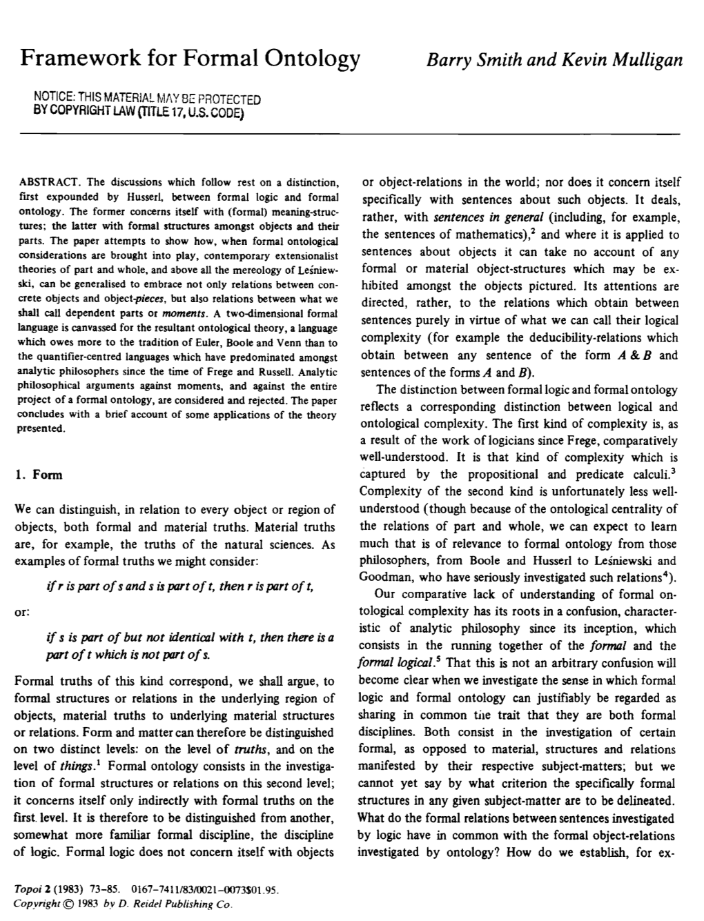 Framework for Formal Ontology Barry Smith and Kevin Mulligan