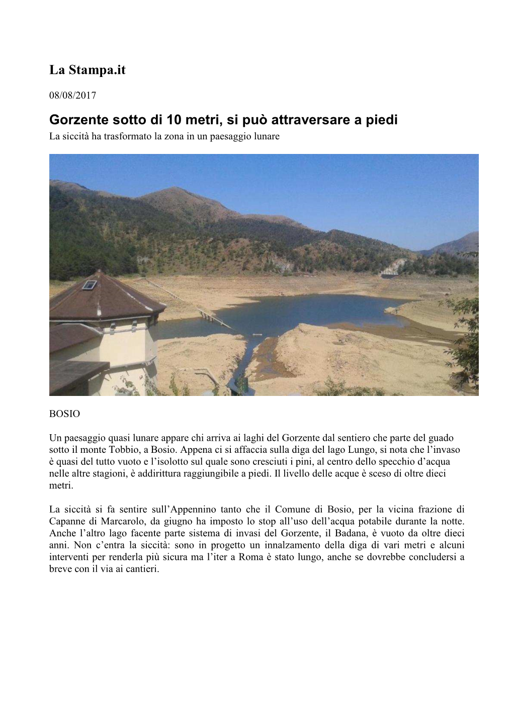 Il Livello Dei Laghi Del Gorzente Calato Di 10 Metri