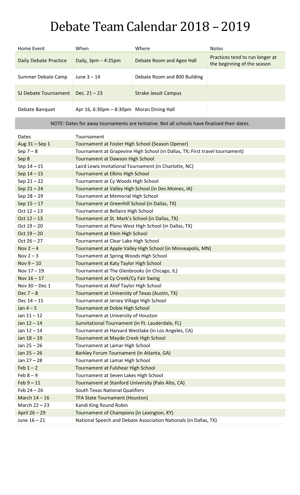 Debate Team Calendar 2018 – 2019