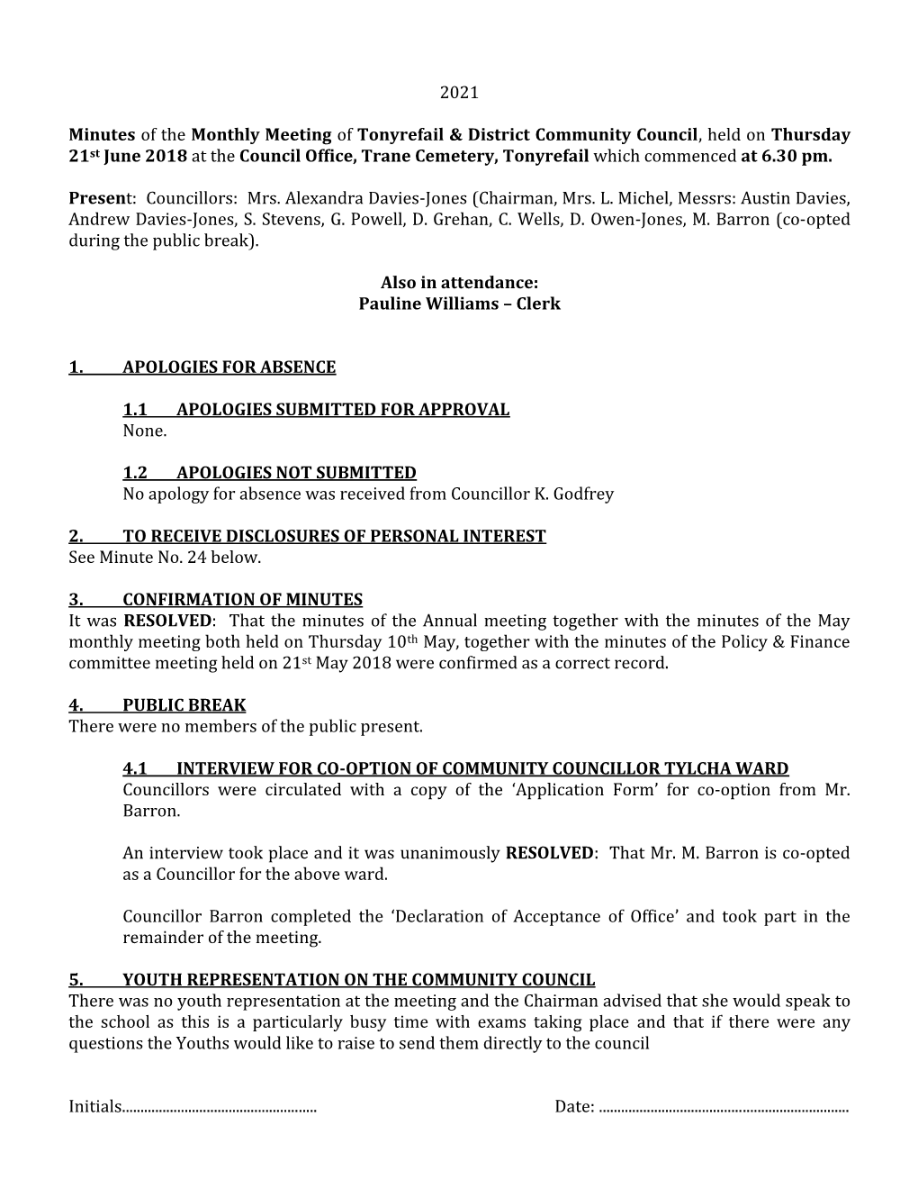 2021 Minutes of the Monthly Meeting of Tonyrefail & District