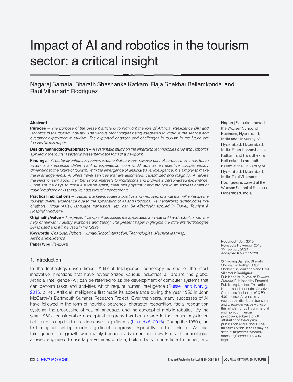 Impact of AI and Robotics in the Tourism Sector: a Critical Insight