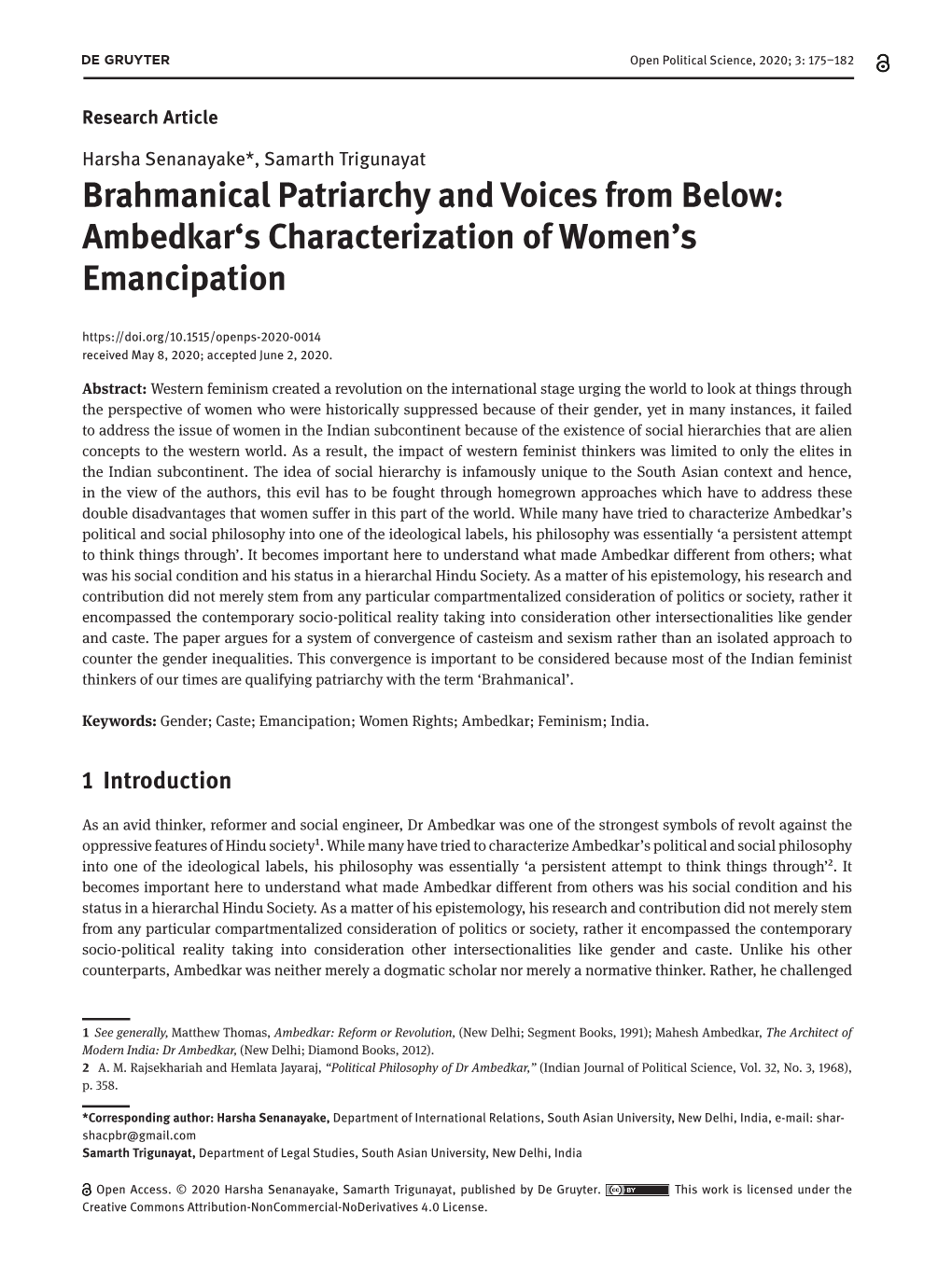 Brahmanical Patriarchy and Voices from Below: Ambedkar's Characterization of Women's Emancipation