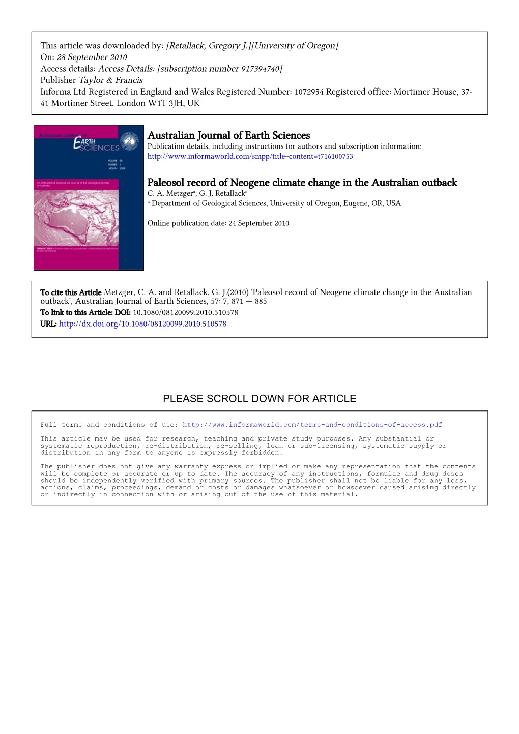 Australian Journal of Earth Sciences Paleosol Record of Neogene Climate