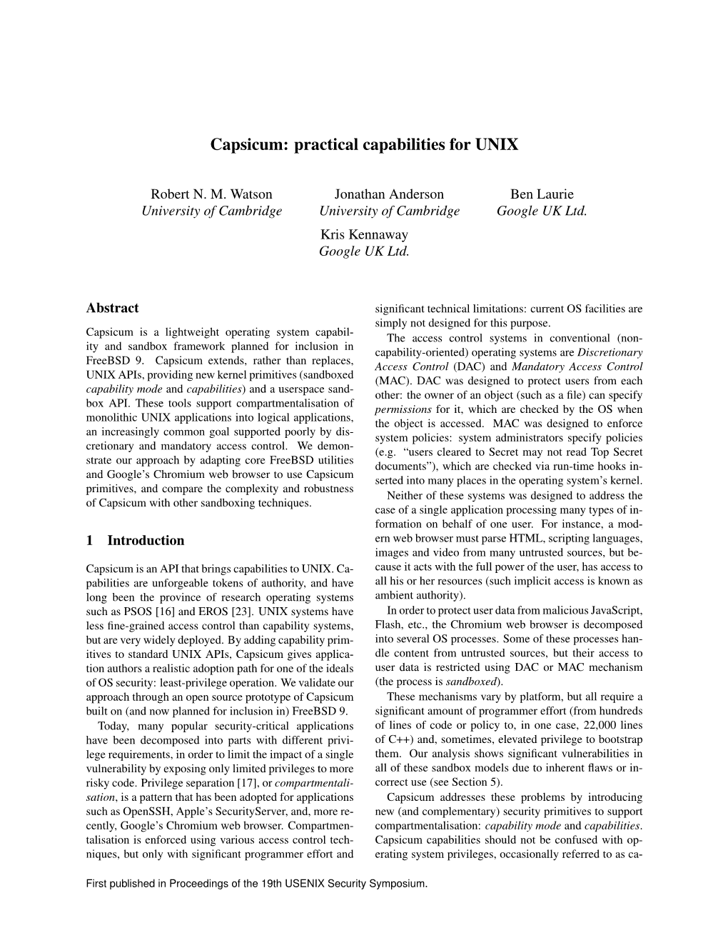 Capsicum: Practical Capabilities for UNIX