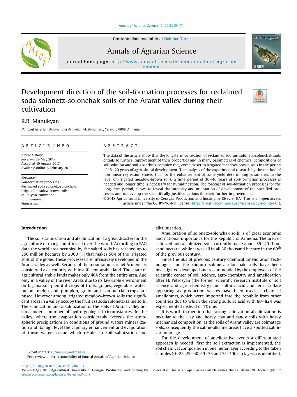 Development Direction of the Soil-Formation Processes for Reclaimed Soda Solonetz-Solonchak Soils of the Ararat Valley During Their Cultivation