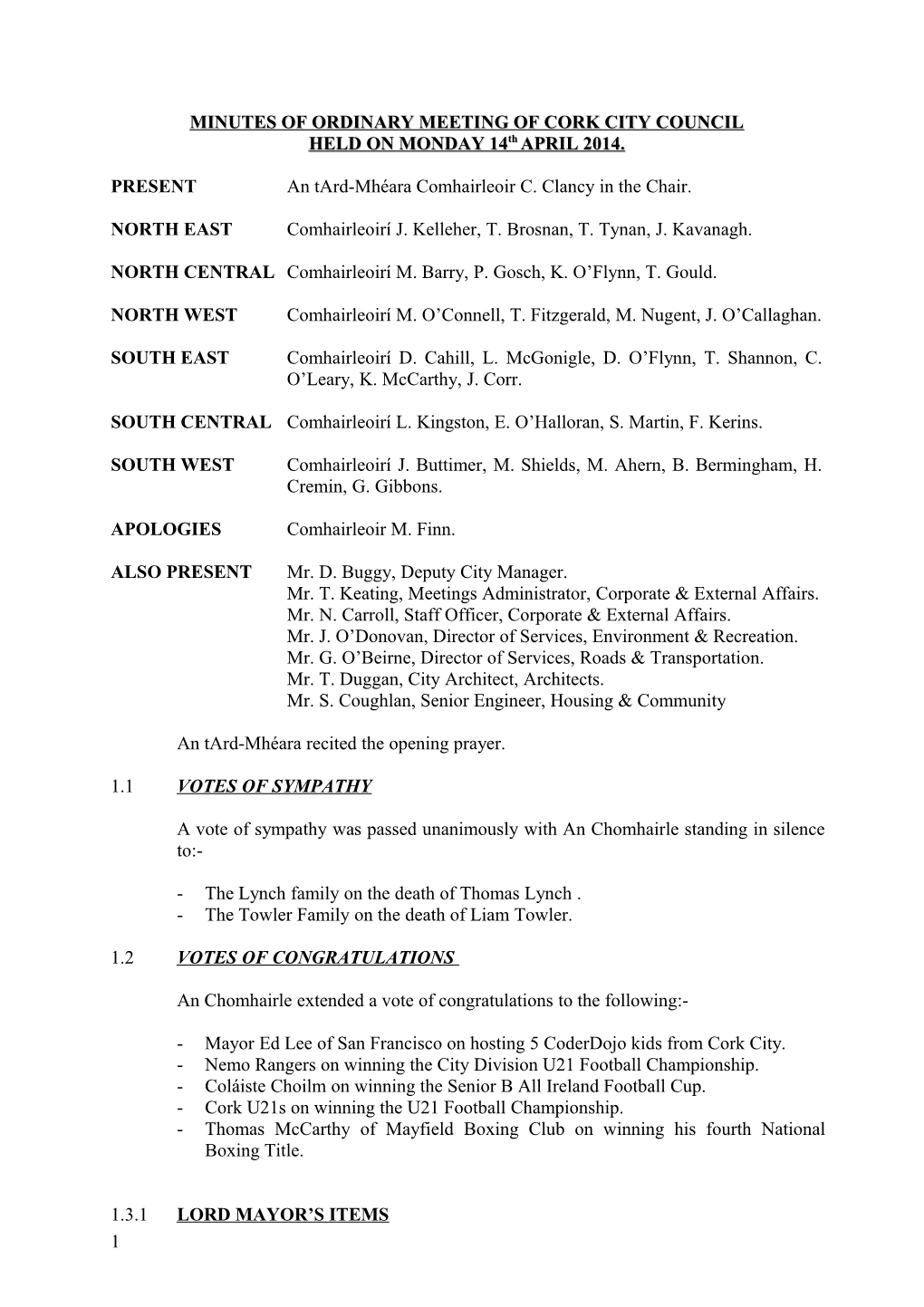 Minutes of Ordinary Meeting of Cork City Council