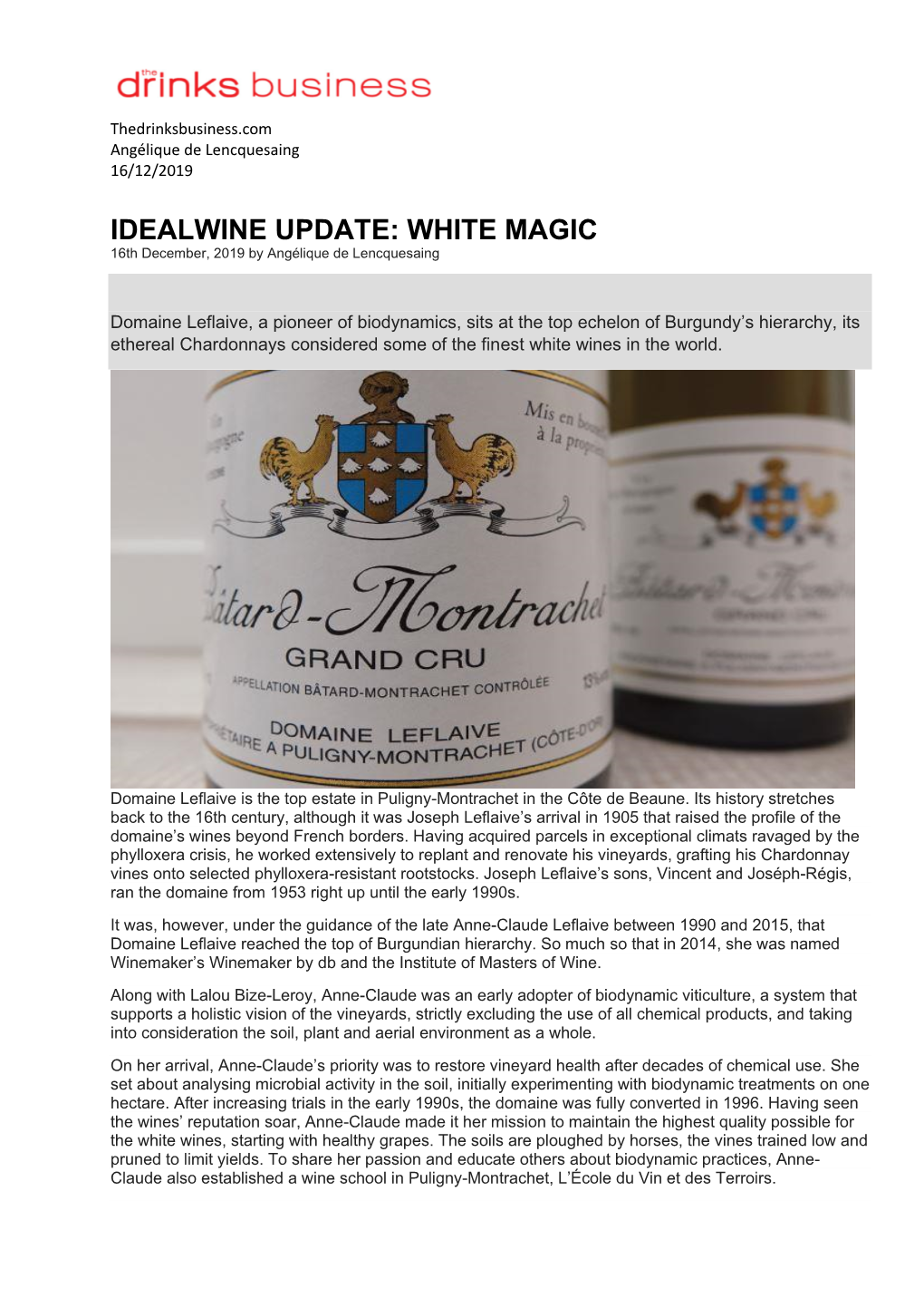 IDEALWINE UPDATE: WHITE MAGIC 16Th December, 2019 by Angélique De Lencquesaing