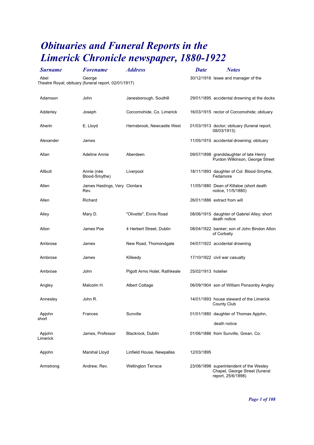 Obituaries and Funeral Reports in the Limerick Chronicle Newspaper