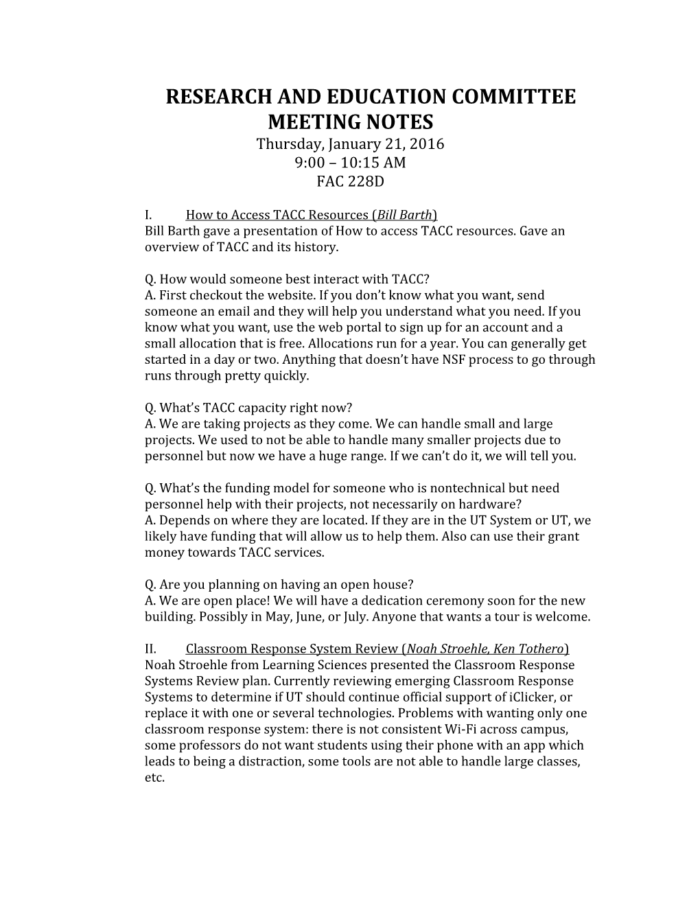 Research and Education Committee Meeting Notes