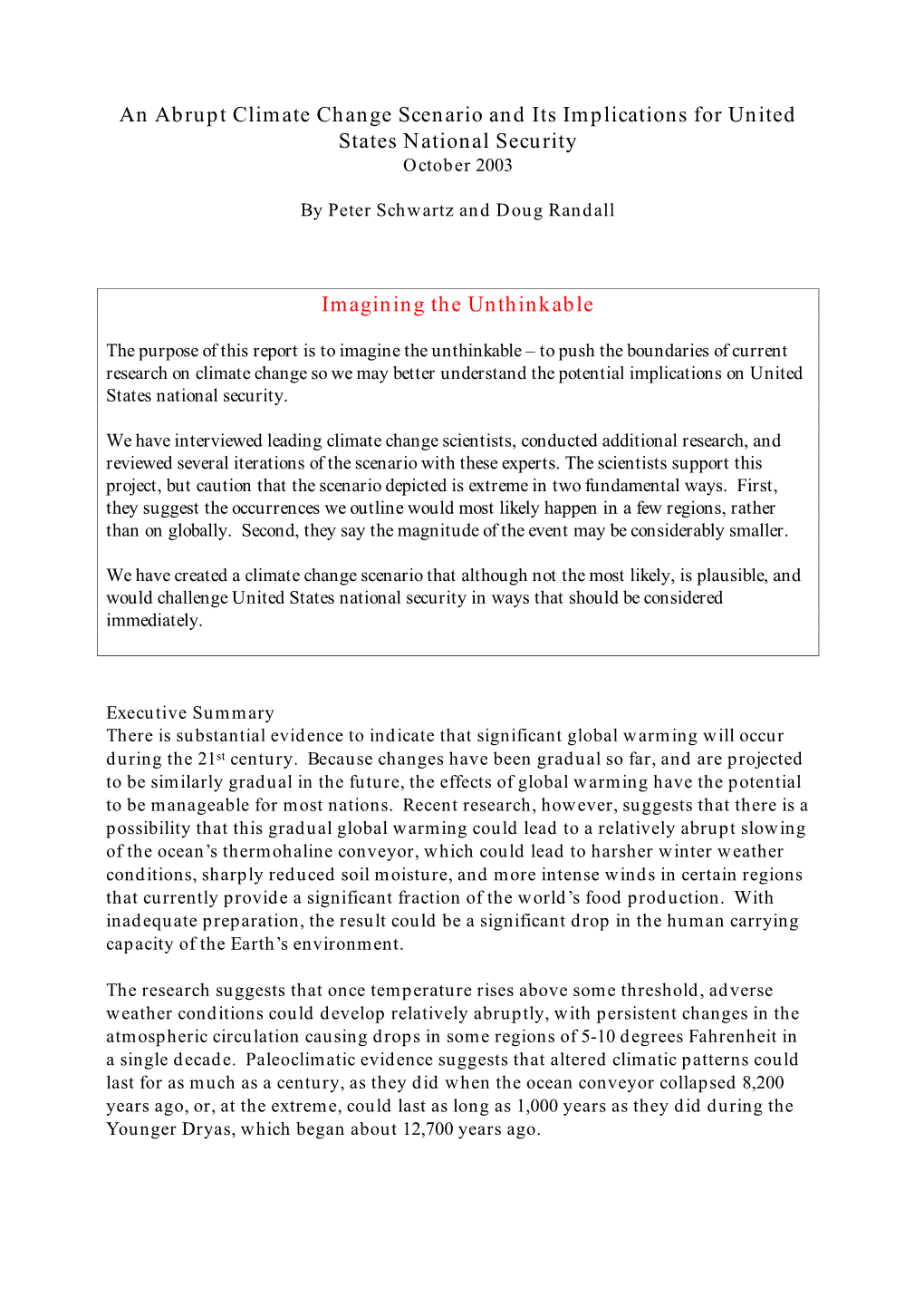 An Abrupt Climate Change Scenario and Its Implications for United States National Security October 2003