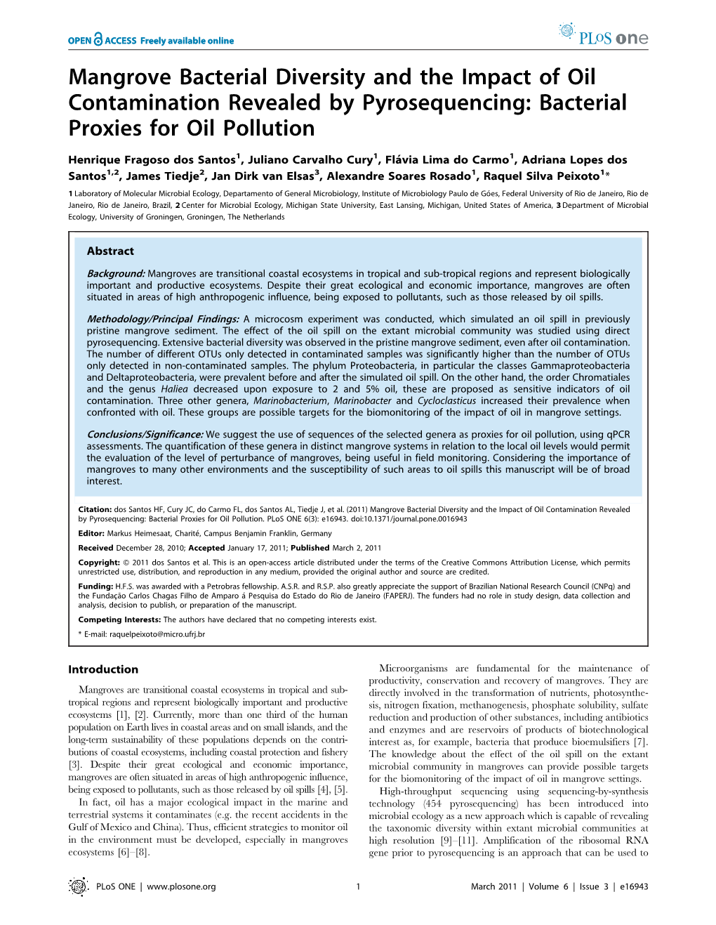 Mangrove Bacterial Diversity and the Impact of Oil Contamination Revealed by Pyrosequencing: Bacterial Proxies for Oil Pollution