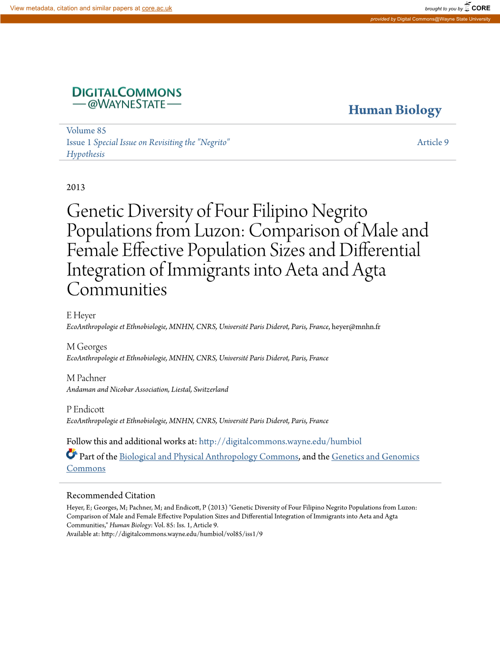 Genetic Diversity of Four Filipino Negrito Populations From