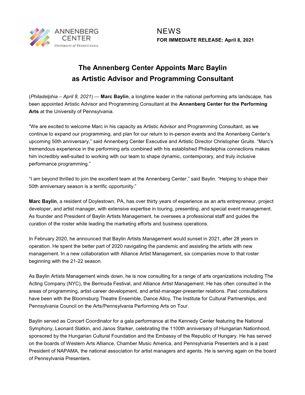 The Annenberg Center Appoints Marc Baylin As Artistic Advisor and Programming Consultant