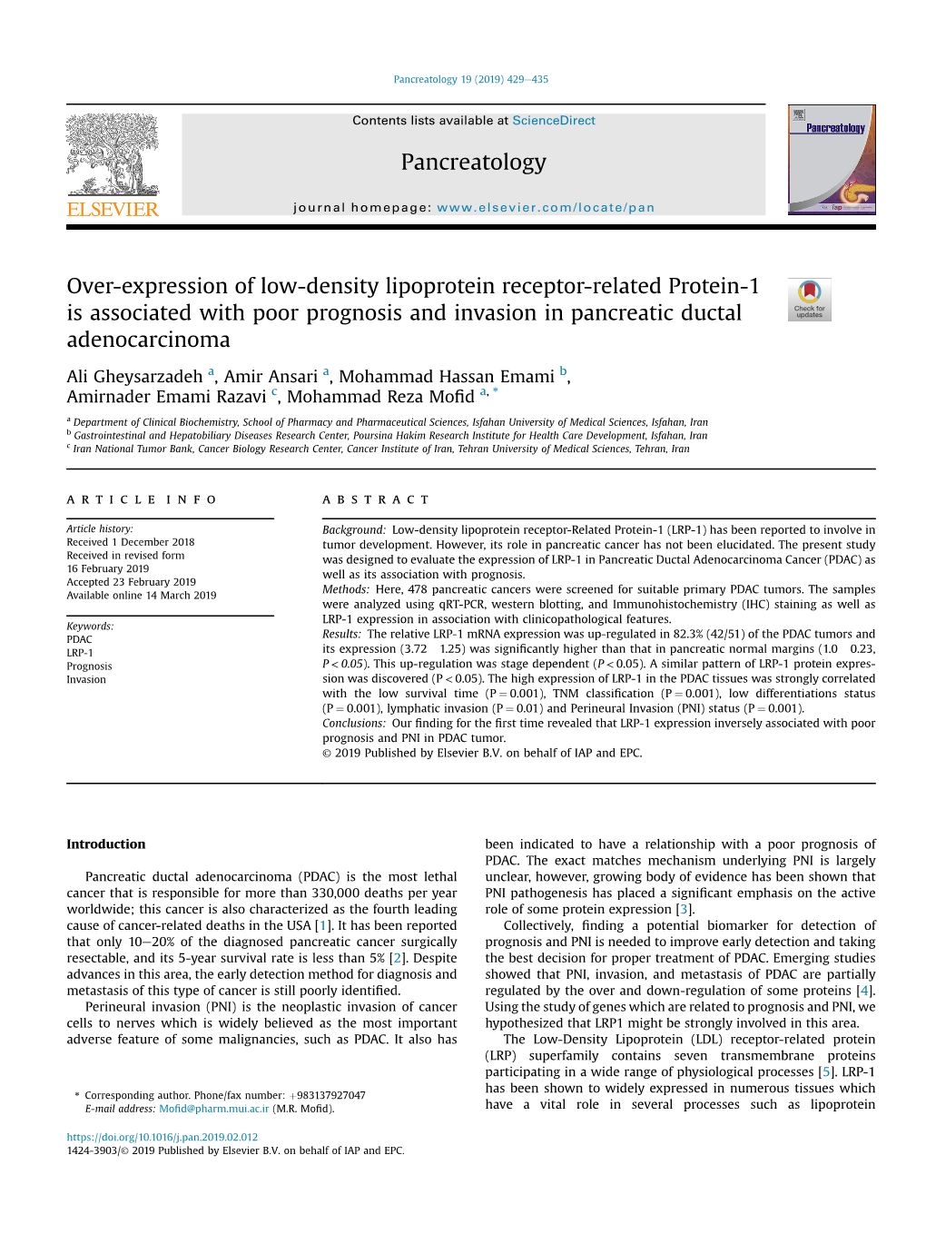 Over-Expression of Low-Density Lipoprotein Receptor-Related Protein-1 Is Associated with Poor Prognosis and Invasion in Pancreatic Ductal Adenocarcinoma