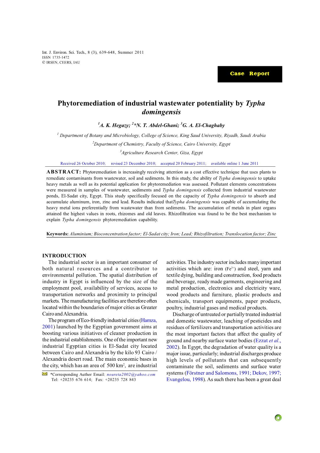 Phytoremediation of Industrial Wastewater Potentiality by Typha Domingensis